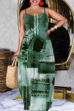 Light Yellow Casual Faux Denim Print Backless Spaghetti Strap Long Dresses