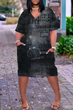 Blue Casual Print Basic V Neck Short Sleeve Plus Size Dresses