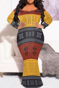 Red Yellow Elegant Print Patchwork O Neck Long Plus Size Dresses
