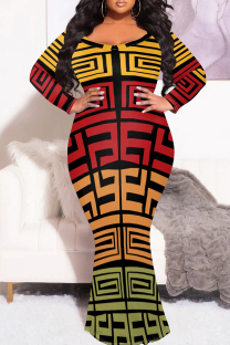 Yellow Red Elegant Print Patchwork O Neck Long Plus Size Dresses