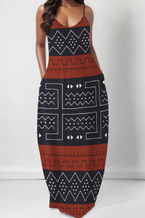 Red Gray Casual Print Spaghetti Strap Sling Dresses