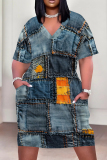 Green Yellow Casual Print Pocket Patchwork V Neck Straight Plus Size Dresses