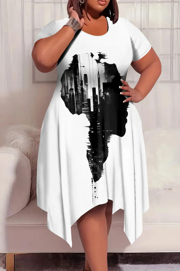 White Black Casual Print Patchwork O Neck Irregular Plus Size Dresses