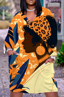 Orange Casual Print Basic V Neck Long Sleeve Plus Size Dresses