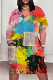 Green Yellow Casual Print Pocket Patchwork V Neck Straight Plus Size Dresses