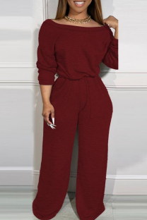 Burgundy Casual Solid Color Pocket Patchwork Off Shoulder Loose Jumpsuits