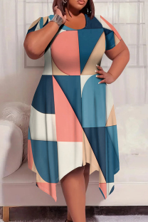 Multicolor Casual Print Patchwork O Neck Irregular Plus Size Dresses