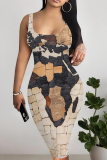 Multicolor Casual Print Patchwork U Neck Wrapped Skirt Dresses