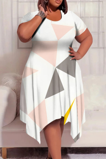 White Casual Print Patchwork O Neck Irregular Plus Size Dresses