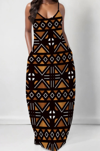 Black Brown Casual Print Spaghetti Strap Sling Dresses