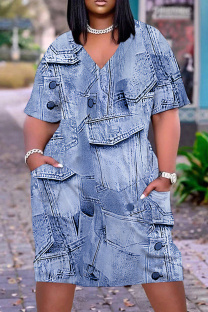Light Blue Casual Print Basic V Neck Short Sleeve Plus Size Dresses