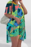Black White Casual Print Slit V Neck Short Sleeve Two Pieces