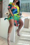Black White Casual Print Slit V Neck Short Sleeve Two Pieces
