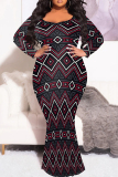 Light Khaki Elegant Print Patchwork O Neck Long Plus Size Dresses
