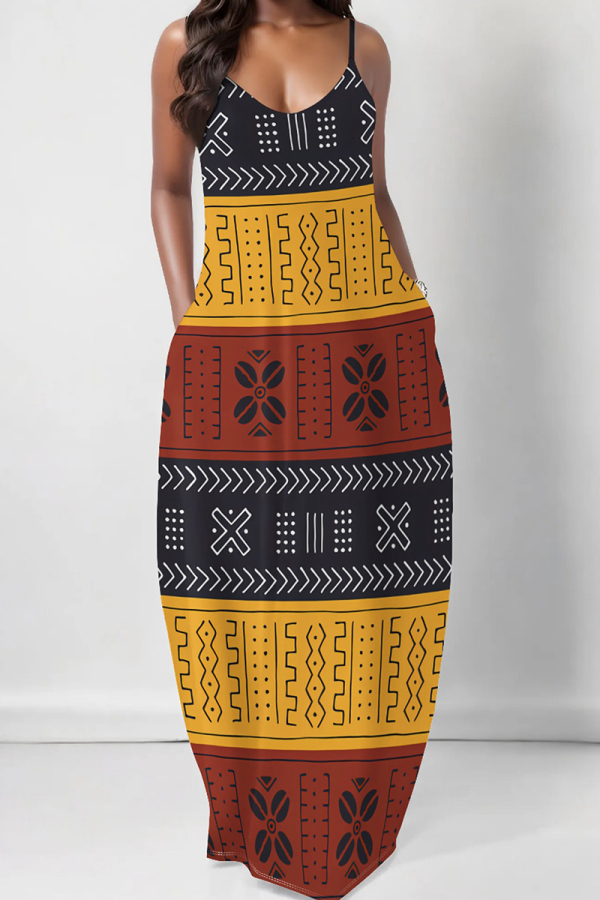 Grayish Yellow Casual Print Spaghetti Strap Sling Dresses