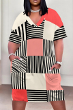 Green Yellow Casual Print Pocket Patchwork V Neck Straight Plus Size Dresses