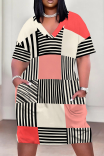 Light Khaki Casual Print Pocket Patchwork V Neck Straight Plus Size Dresses