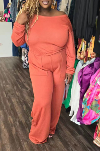 Orange Casual Solid Color Pocket Patchwork Off Shoulder Loose Jumpsuits