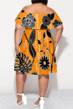 Red Sexy Floral Print Ruffle Contrast Off Shoulder Printed Plus Size Dresses