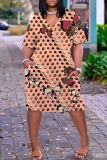 Turquoise Casual Print Basic V Neck Short Sleeve Plus Size Dresses