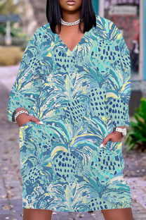 Blue Casual Print Basic V Neck Long Sleeve Plus Size Dresses