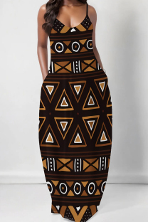 Brown Casual Print Spaghetti Strap Sling Dresses