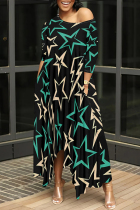 Green Casual Street Striped Print The stars Leopard Irregular O Neck Irregular Dresses