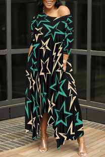 Green Casual Street Striped Print The stars Leopard Irregular O Neck Irregular Dresses