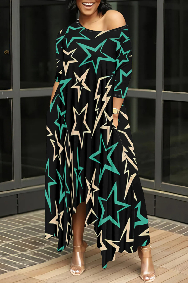 Green Casual Street Striped Print The stars Leopard Irregular O Neck Irregular Dresses