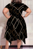 Black Casual Print Patchwork O Neck Irregular Plus Size Dresses