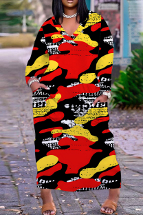 Camouflage Casual Print Basic V Neck Long Plus Size Dresses