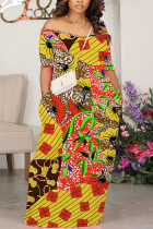 Yellow Casual Print Basic Off Shoulder Long Dresses