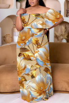 Khaki Casual Floral Print Patchwork Off Shoulder Long Plus Size Dresses