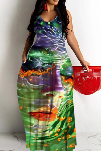 Green Casual Print Backless Spaghetti Strap Long Dresses