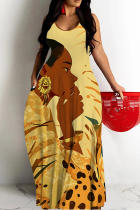 Yellow Casual Print Backless Spaghetti Strap Long Dresses