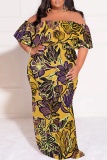 Green Casual Floral Print Patchwork Off Shoulder Long Plus Size Dresses