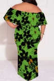 Green Casual Floral Print Patchwork Off Shoulder Long Plus Size Dresses