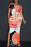 Red Casual Print Slit Off Shoulder Long Dresses