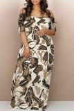 Apricot Casual Print Basic Off Shoulder Long Dresses