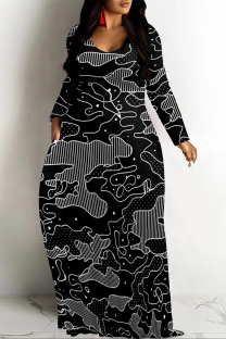 Black Casual Street Plaid Geometric Print Flowers Pocket Contrast V Neck Printed Dresses