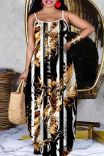 Stripe Casual Print Backless Spaghetti Strap Long Dresses