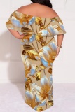 Green Casual Floral Print Patchwork Off Shoulder Long Plus Size Dresses