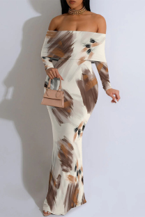 Beige Elegant Floral Print Ruffle Contrast Off Shoulder Printed Dresses