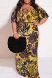 Green Casual Floral Print Patchwork Off Shoulder Long Plus Size Dresses