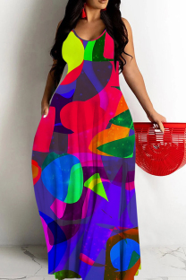 Blue Red Casual Print Backless Spaghetti Strap Long Dresses