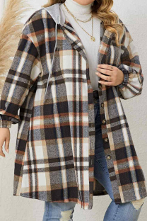 Brown Casual Plaid Draw String Buckle Patchwork Hooded Plus Size Overcoat
