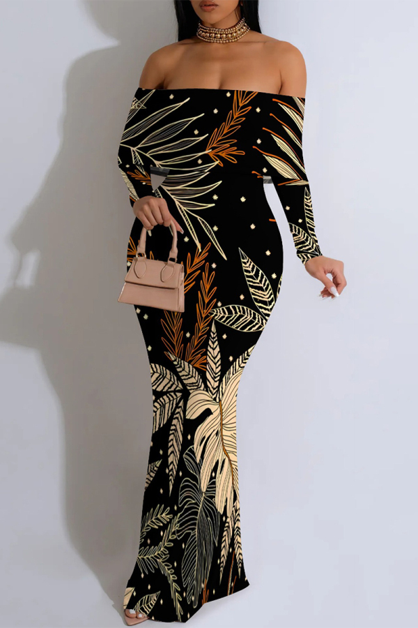 Black Elegant Floral Print Ruffle Contrast Off Shoulder Printed Dresses
