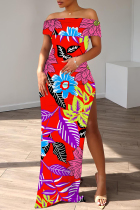 Red Casual Print Slit Off Shoulder Long Dresses