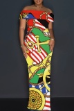 Red Casual Print Slit Off Shoulder Long Dresses