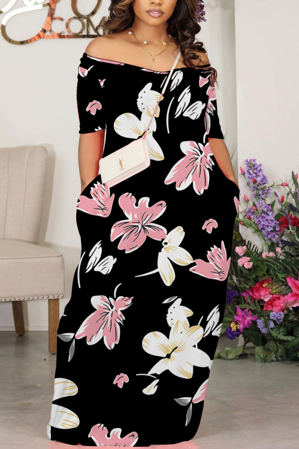Black Casual Print Basic Off Shoulder Long Dresses